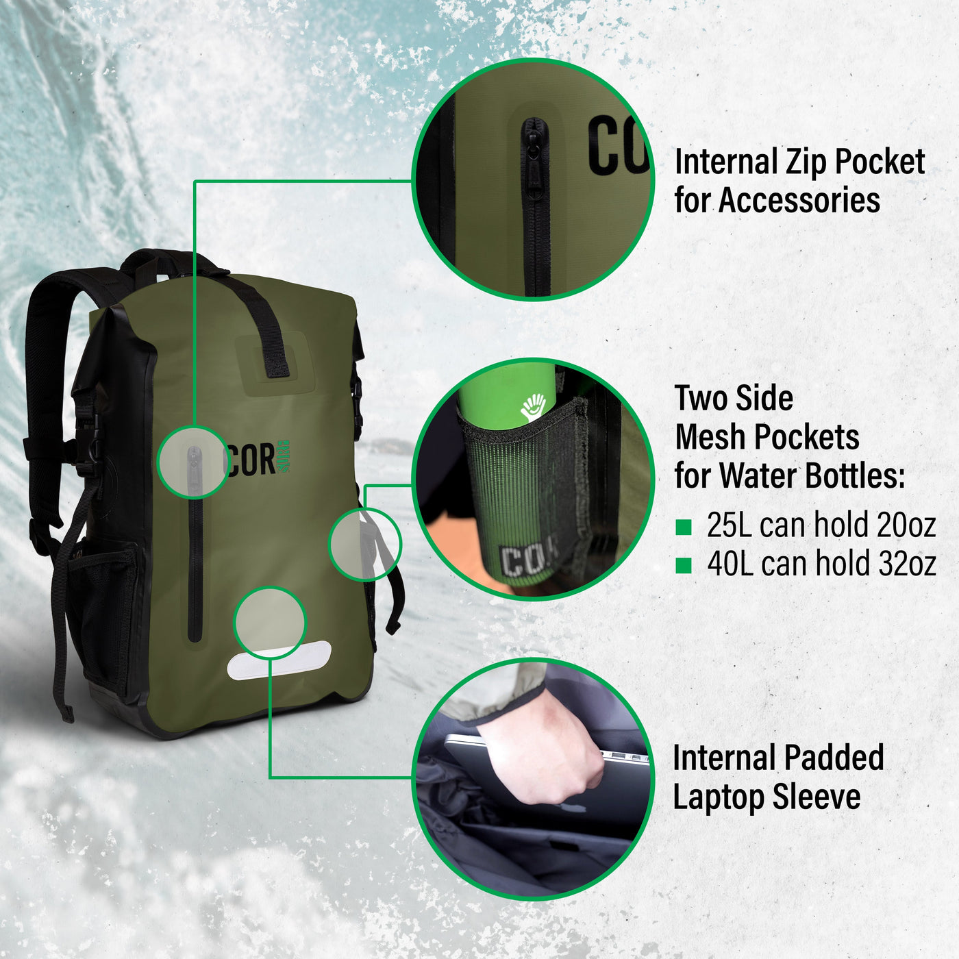 COR Surf 25L Waterproof Dry Backpack with Laptop Sleeve